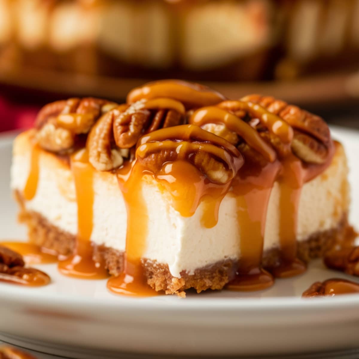 A luscious slice of Pecan Pie Cheesecake Recipe with a buttery graham cracker crust, creamy cheesecake filling, topped with crunchy pecans and drizzled with rich caramel sauce. The perfect indulgent dessert for any occasion.