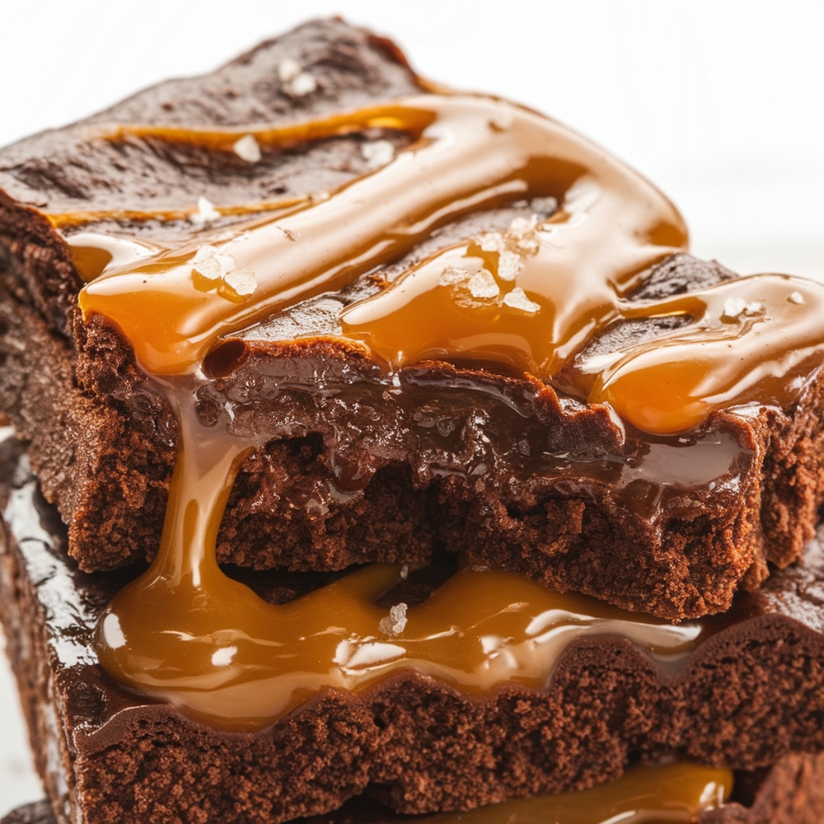 A close-up of rich, fudgy Caramel Brownie Recipe with a gooey caramel drizzle and a sprinkle of sea salt. These homemade brownies feature a decadent chocolate base with a luscious caramel layer, making them the ultimate indulgence. Perfect for dessert lovers looking for an easy caramel brownie recipe.