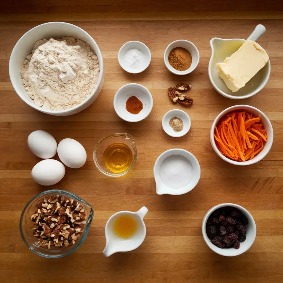 A top-down view of the essential ingredients for a Carrot Cake Cookies Recipe, including flour, butter, eggs, shredded carrots, pecans, raisins, cinnamon, nutmeg, sugar, and vanilla extract. These carefully arranged baking ingredients create the perfect blend of flavors for soft and chewy carrot cake cookies.