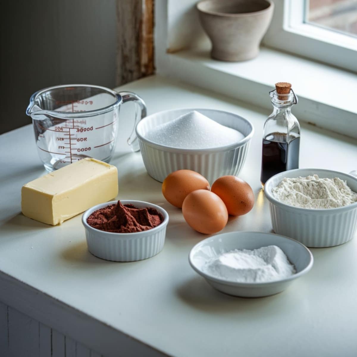 A neatly arranged selection of essential ingredients for a caramel brownie recipe, including butter, cocoa powder, eggs, sugar, flour, baking powder, vanilla extract, and water. These fresh baking ingredients are set on a white kitchen countertop near a window, creating a warm and inviting atmosphere for homemade baking.