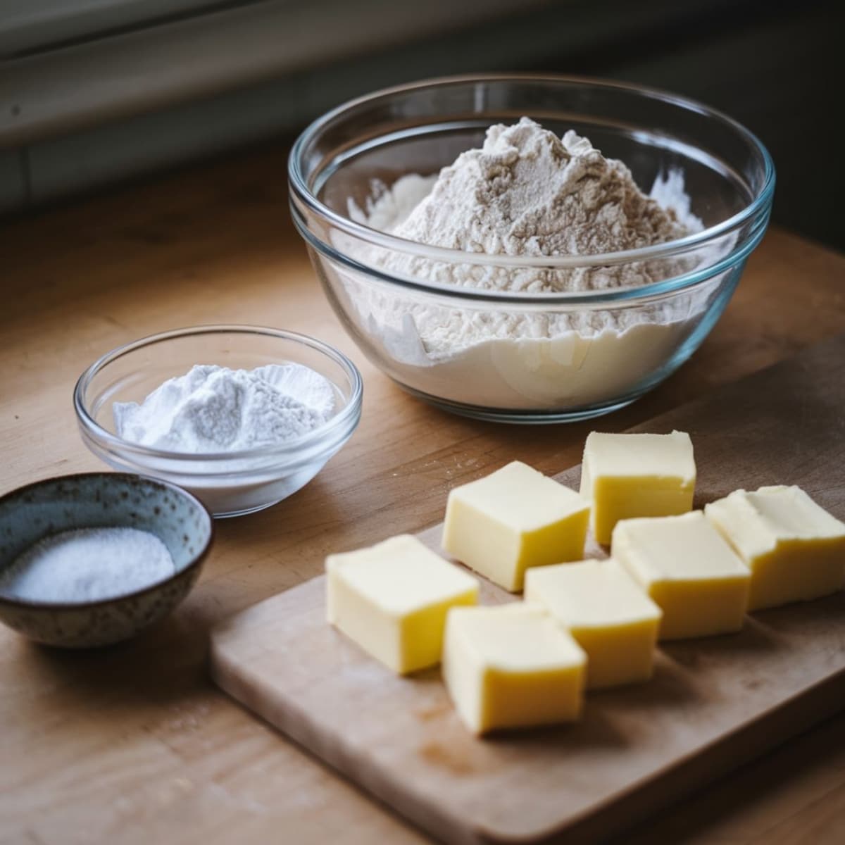Essential ingredients for pecan pie bars recipe displayed on a wooden surface, including flour, powdered sugar, salt, and cubed butter. These ingredients form the buttery shortbread crust for a rich and nutty dessert.
