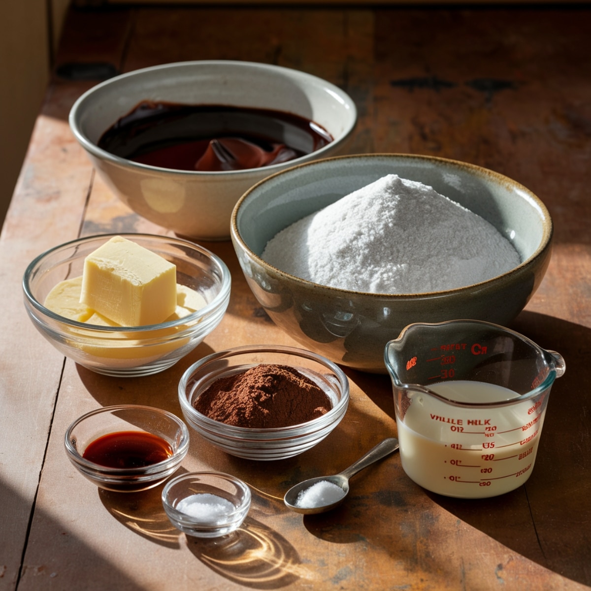 A beautifully arranged set of ingredients for a Brownie Frosting Recipe, including powdered sugar, cocoa powder, butter, vanilla extract, salt, milk, and melted chocolate. The ingredients are displayed in small bowls on a rustic wooden surface, bathed in natural sunlight, creating a warm and inviting baking atmosphere.