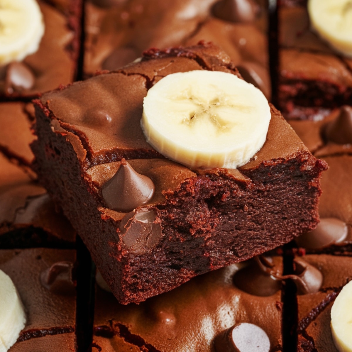 A close-up of fudgy Banana Brownies, showcasing a rich chocolate texture with gooey chocolate chips and a crackly top. Each brownie is topped with a fresh banana slice, adding a naturally sweet and moist touch. This Banana Brownie Recipe combines the deep flavors of chocolate and banana for a delicious homemade dessert.