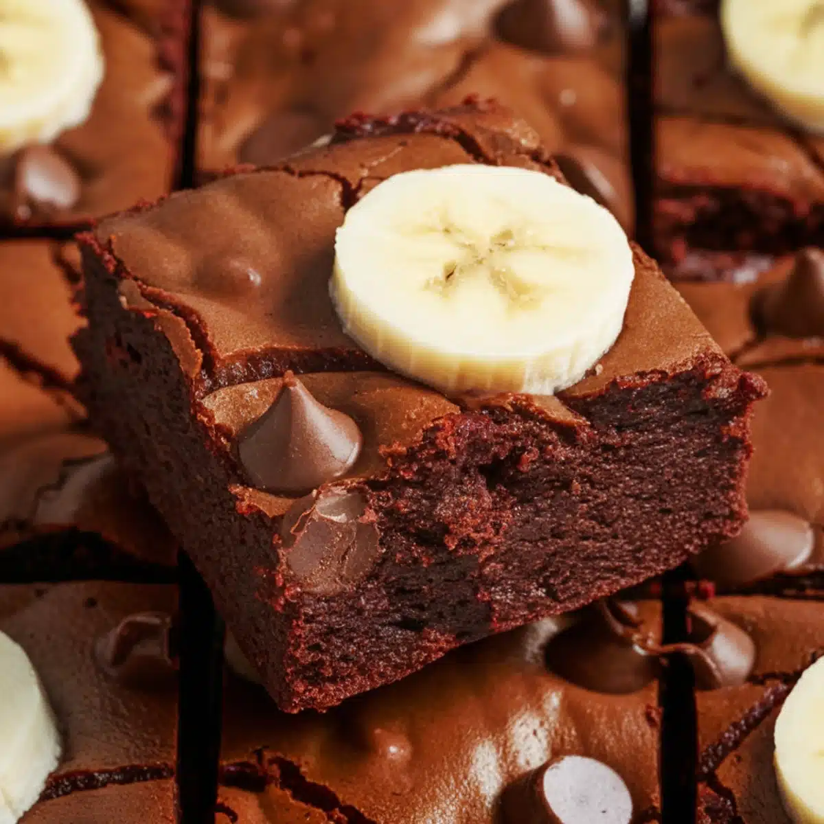 A close-up of fudgy Banana Brownies, showcasing a rich chocolate texture with gooey chocolate chips and a crackly top. Each brownie is topped with a fresh banana slice, adding a naturally sweet and moist touch. This Banana Brownie Recipe combines the deep flavors of chocolate and banana for a delicious homemade dessert.