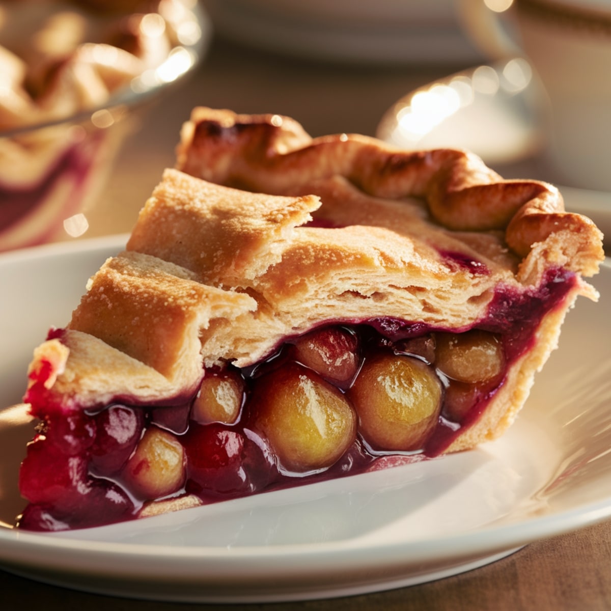 A close-up slice of freshly baked Gooseberry Pie on a white plate, featuring a golden, flaky crust with a slightly crimped edge. The filling is bursting with whole, juicy gooseberries in vibrant red and green hues, coated in a glossy, sweet-tart syrup. The warm lighting enhances the textures, creating a cozy and inviting dessert presentation.