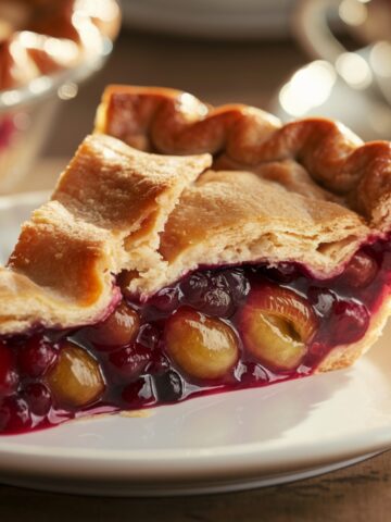 A close-up slice of homemade Gooseberry Pie on a white plate, featuring a golden, flaky crust with a glossy finish. The filling showcases plump, juicy gooseberries in vibrant red and green hues, oozing with a sweet and tangy syrup. The warm lighting enhances the textures and richness of this classic fruit pie, with a blurred background featuring a cozy kitchen setting.