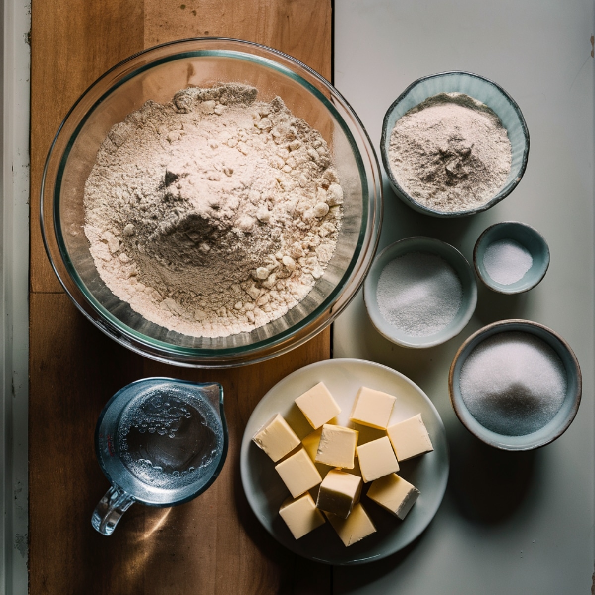 A top-down view of essential Gooseberry Pie crust ingredients arranged on a rustic kitchen counter. The image features a large glass bowl of all-purpose flour, a plate with cubed butter, granulated sugar, salt, and a measuring cup filled with ice water. The soft natural lighting enhances the textures, creating a warm and inviting baking scene.