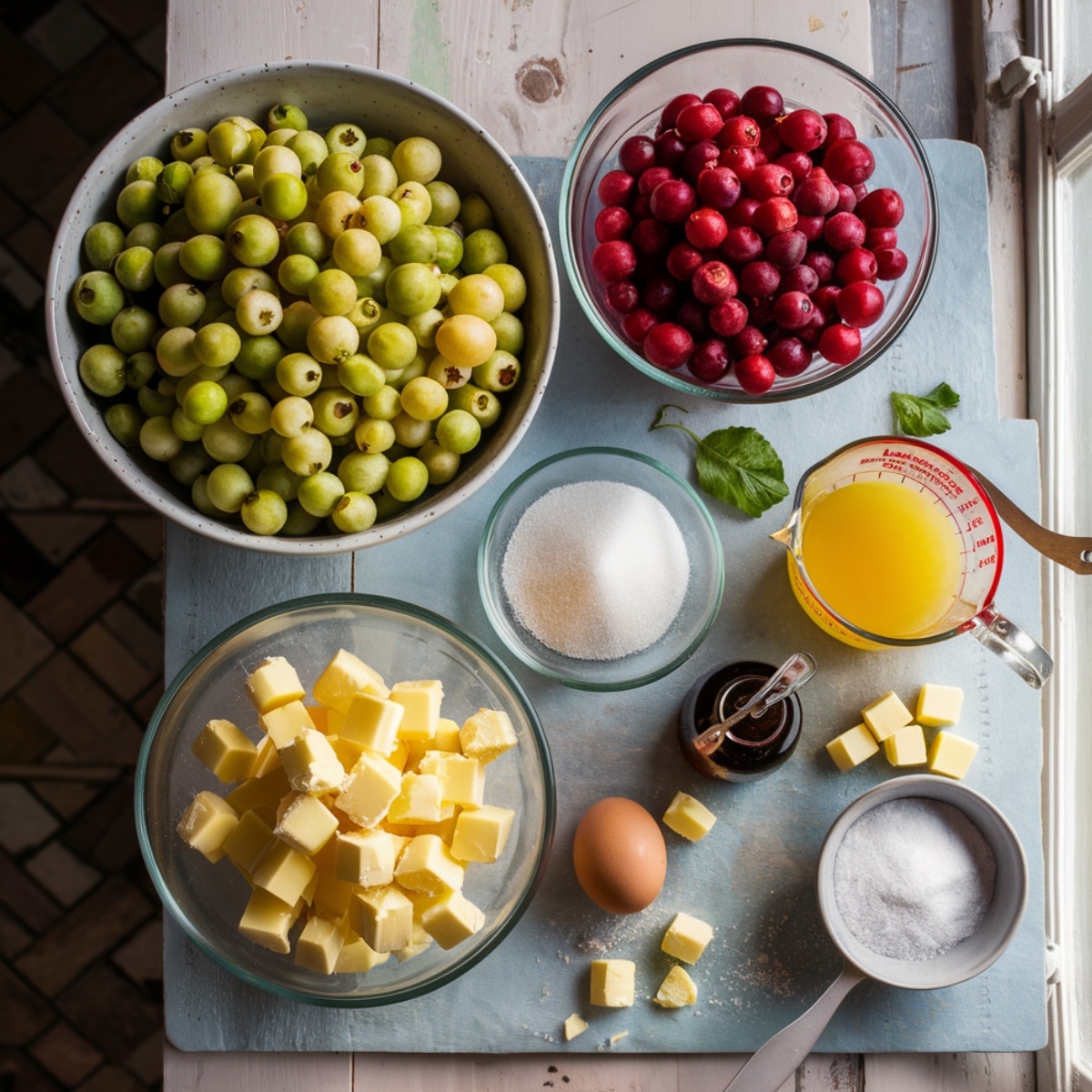 A top-down view of fresh Gooseberry Pie ingredients arranged on a rustic kitchen counter. The image features a large bowl of green gooseberries, a smaller bowl of red gooseberries, cubed butter, granulated sugar, a measuring cup of orange juice, an egg, vanilla extract, and a small dish of salt. Natural lighting highlights the vibrant colors and textures, creating a warm and inviting baking scene.