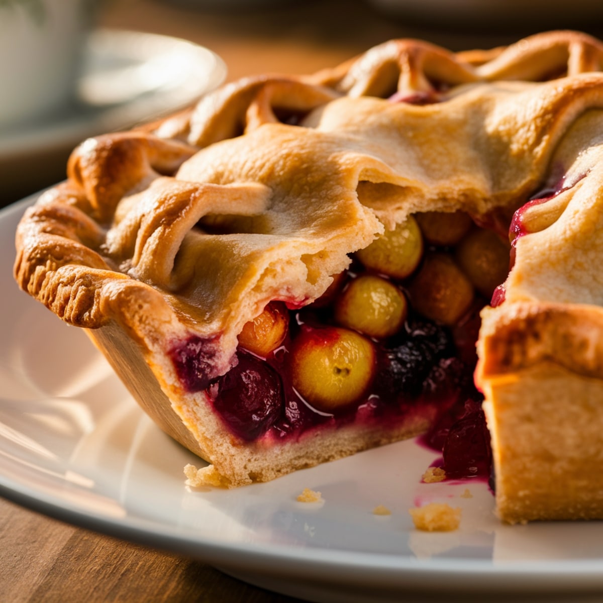 A freshly baked Gooseberry Pie with a golden, flaky lattice crust, revealing a vibrant filling of whole red and green gooseberries oozing with a sweet-tart syrup. The pie sits on a white plate, with crumbs scattered around, showcasing its crisp texture. Warm, natural lighting enhances the rich colors and inviting appeal of this classic homemade dessert.