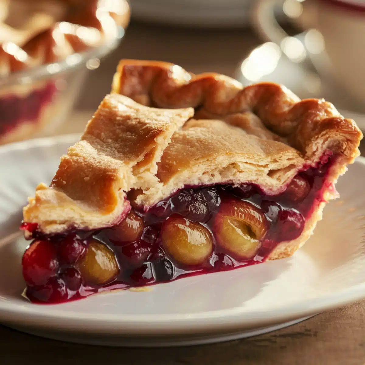 A close-up slice of homemade Gooseberry Pie on a white plate, featuring a golden, flaky crust with a glossy finish. The filling showcases plump, juicy gooseberries in vibrant red and green hues, oozing with a sweet and tangy syrup. The warm lighting enhances the textures and richness of this classic fruit pie, with a blurred background featuring a cozy kitchen setting.