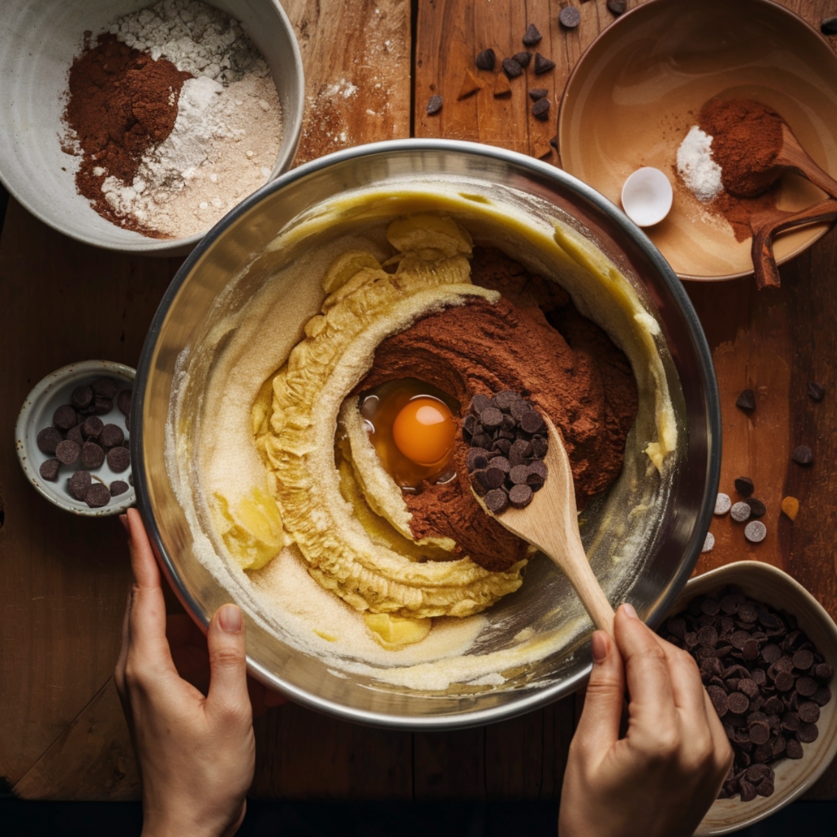 A top-down view of a mixing bowl filled with ingredients for a Banana Brownie Recipe. Mashed bananas, sugar, melted butter, cocoa powder, and flour are combined with an egg and chocolate chips, ready to be mixed into a rich and decadent brownie batter. Surrounding the bowl are small dishes of additional chocolate chips, cocoa powder, and flour, set on a rustic wooden countertop, creating a warm home-baking atmosphere.
