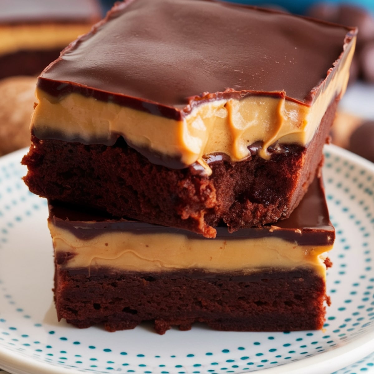 Close-up of Buckeye Brownies featuring a rich, fudgy brownie base, a creamy peanut butter layer, and a smooth chocolate topping. These decadent homemade brownies are the perfect chocolate and peanut butter dessert.