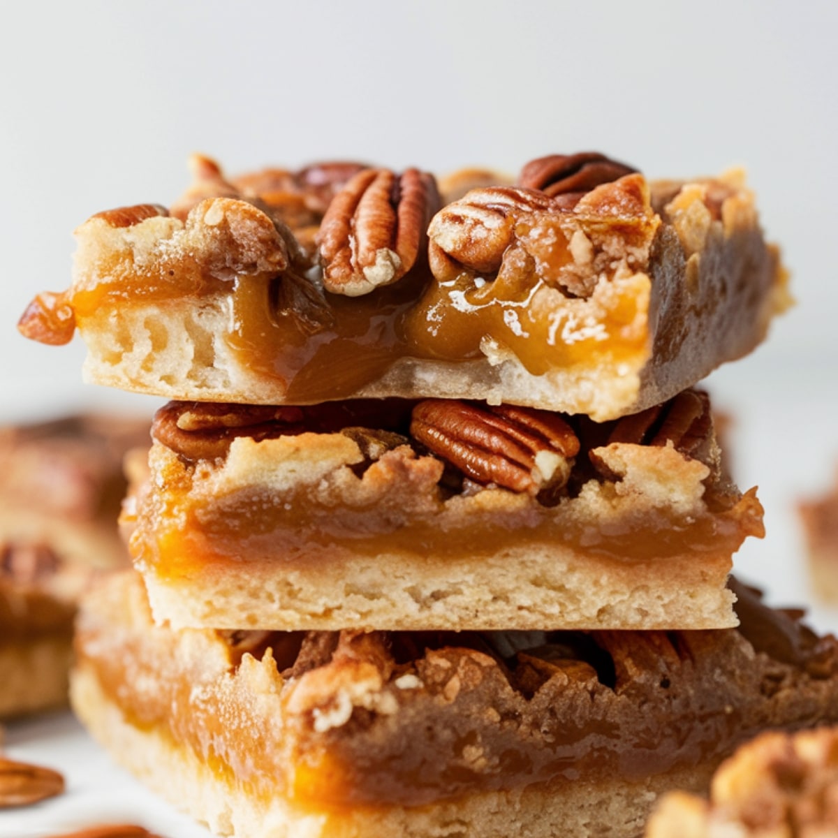 A stack of homemade pecan pie bars with a flaky shortbread crust, gooey caramelized filling, and toasted pecans on top. This pecan pie bars recipe is the perfect combination of sweet, nutty, and buttery flavors, making it an irresistible dessert for any occasion.