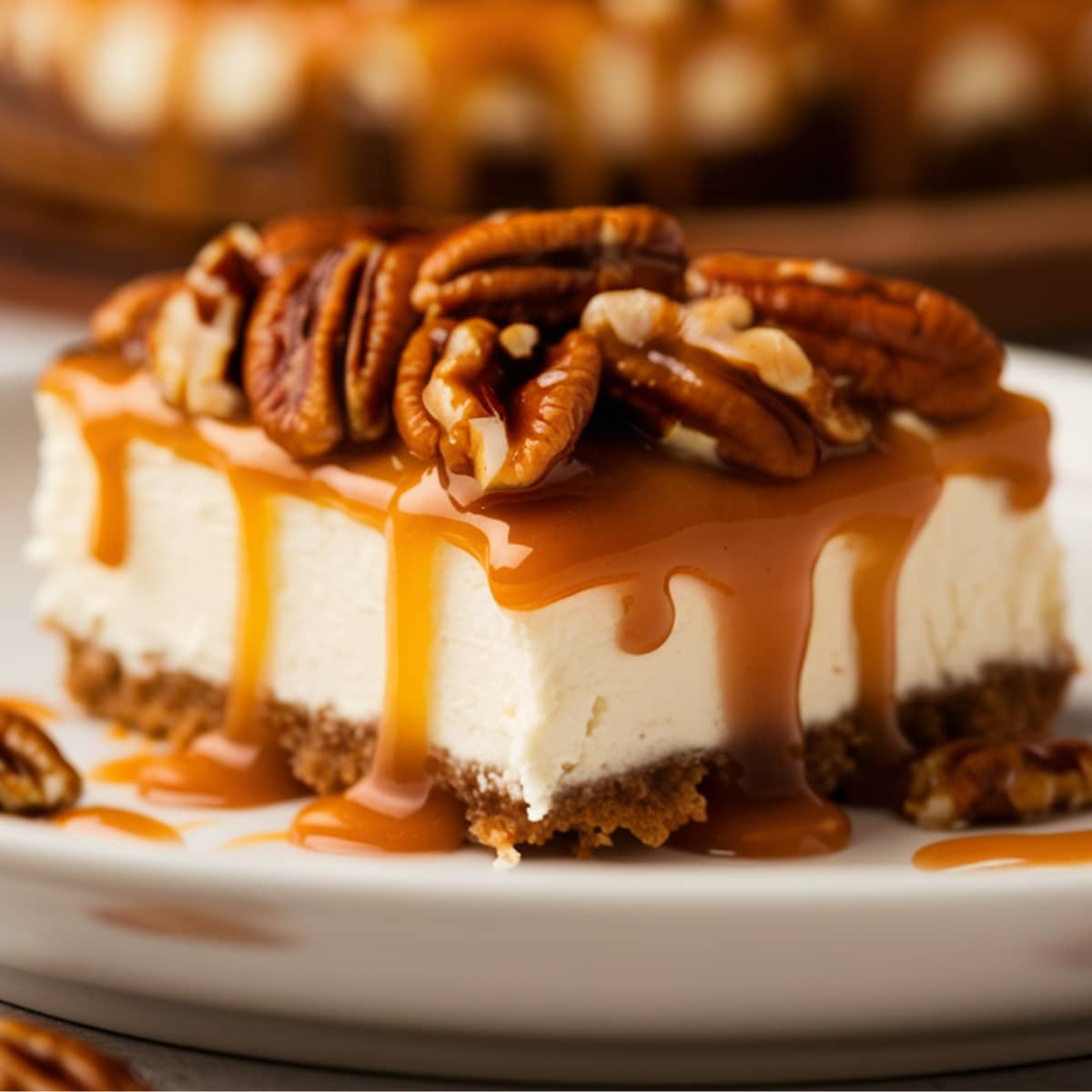 A rich and creamy Pecan Pie Cheesecake Recipe featuring a buttery graham cracker crust, smooth cheesecake filling, and a crunchy pecan topping drizzled with golden caramel sauce. The perfect homemade dessert for pecan pie and cheesecake lovers alike.