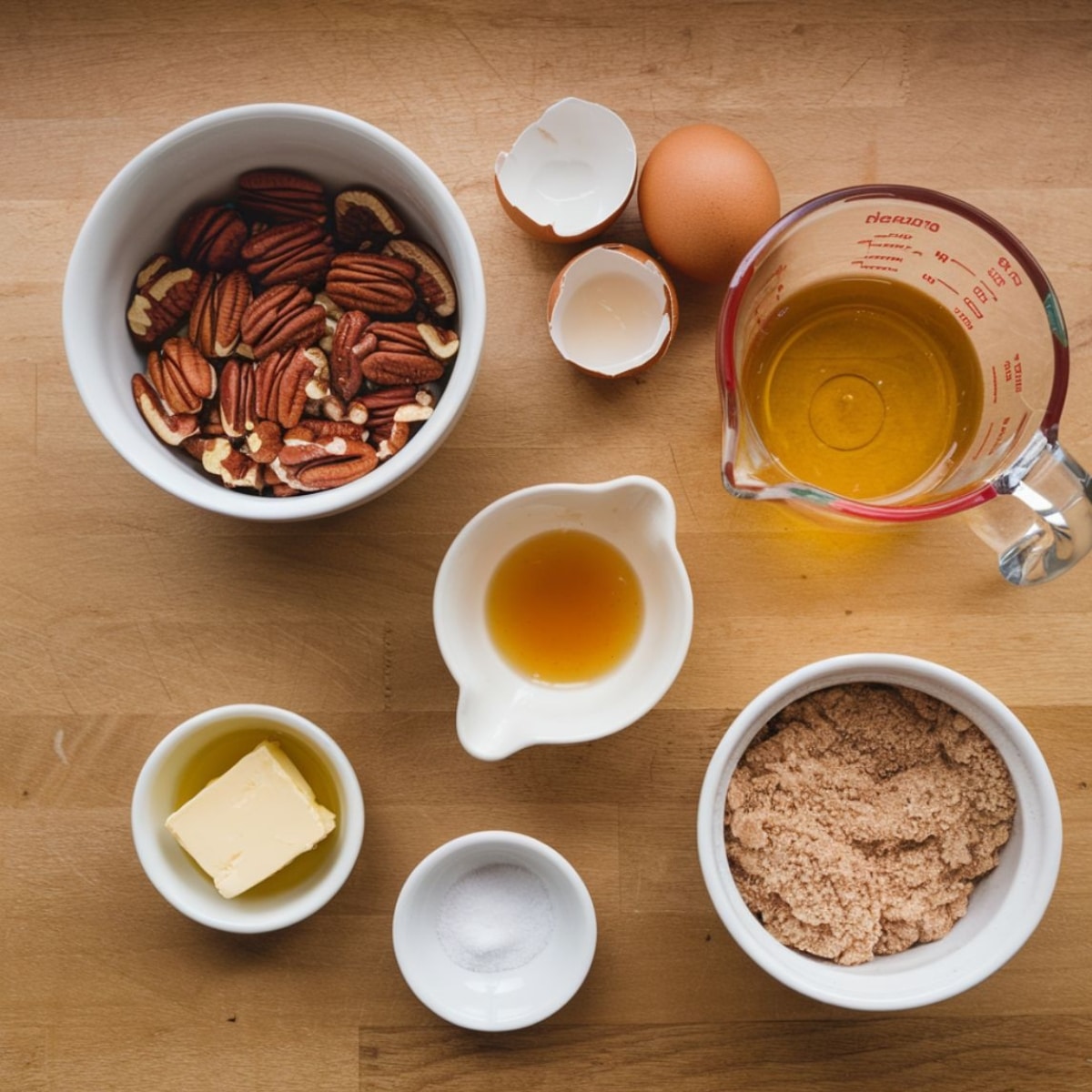 Key ingredients for pecan pie bars recipe arranged on a wooden surface, including pecans, brown sugar, butter, eggs, vanilla extract, salt, and corn syrup. These ingredients create a rich, caramelized pecan topping for a delicious dessert.