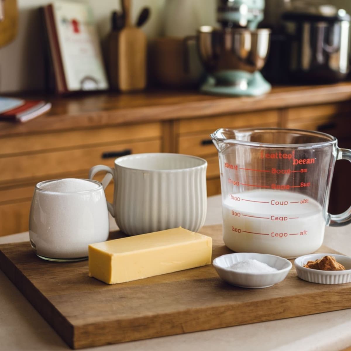 A cozy kitchen scene featuring key ingredients for a caramel brownie recipe, including butter, sugar, milk, vanilla, and spices, neatly arranged on a wooden cutting board. The warm, rustic background with baking essentials creates the perfect setting for making homemade caramel brownies from scratch.