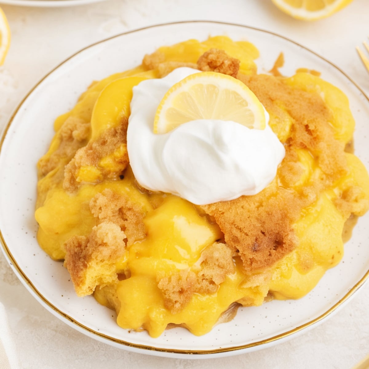 Lemon Dump Cake Recipe – A warm, gooey lemon dessert featuring a golden, buttery cake topping over a luscious, tangy lemon filling. Served on a white plate with a dollop of whipped cream and a fresh lemon slice for garnish. A simple, delicious, and easy-to-make treat perfect for citrus lovers.