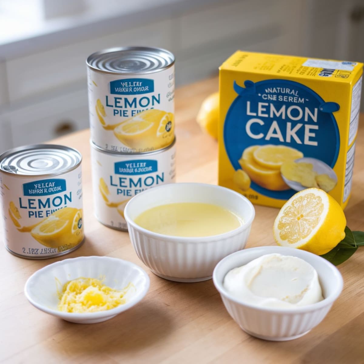 Lemon Dump Cake Recipe – A display of simple ingredients for an easy lemon dump cake, including canned lemon pie filling, lemon cake mix, melted butter, whipped cream, and fresh lemon zest. Set on a wooden kitchen countertop, ready for baking a tangy and delicious dessert.