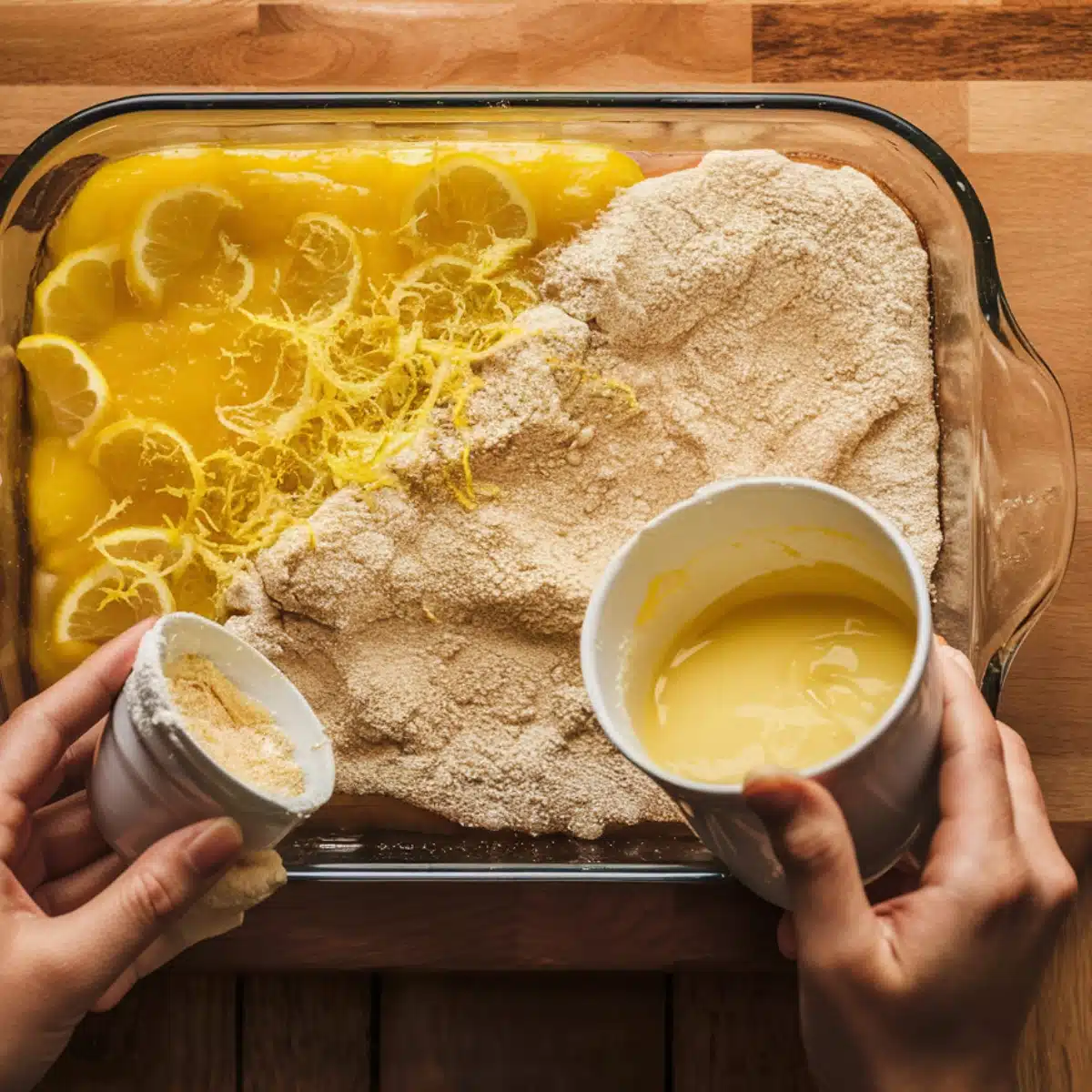 Lemon Dump Cake Recipe – A step-by-step preparation of a zesty lemon dump cake in a glass baking dish. Featuring a vibrant layer of lemon pie filling topped with fresh lemon zest, dry cake mix, and melted butter being poured over the mixture. A simple, buttery, and tangy dessert perfect for citrus lovers.