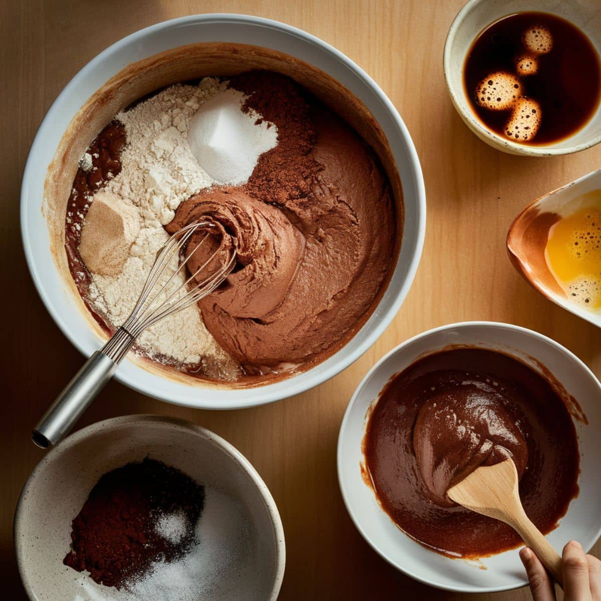 A top-down view of Chocolate Coffee Cake batter being mixed in a large bowl. Ingredients such as cocoa powder, flour, sugar, baking soda, and baking powder are partially combined with wet ingredients like eggs, coffee, and vanilla extract. A whisk is partially submerged in the thick chocolate mixture, while a wooden spoon stirs a separate bowl of chocolate mixture. Small bowls of brewed coffee and beaten eggs sit nearby, creating a cozy and inviting baking scene.