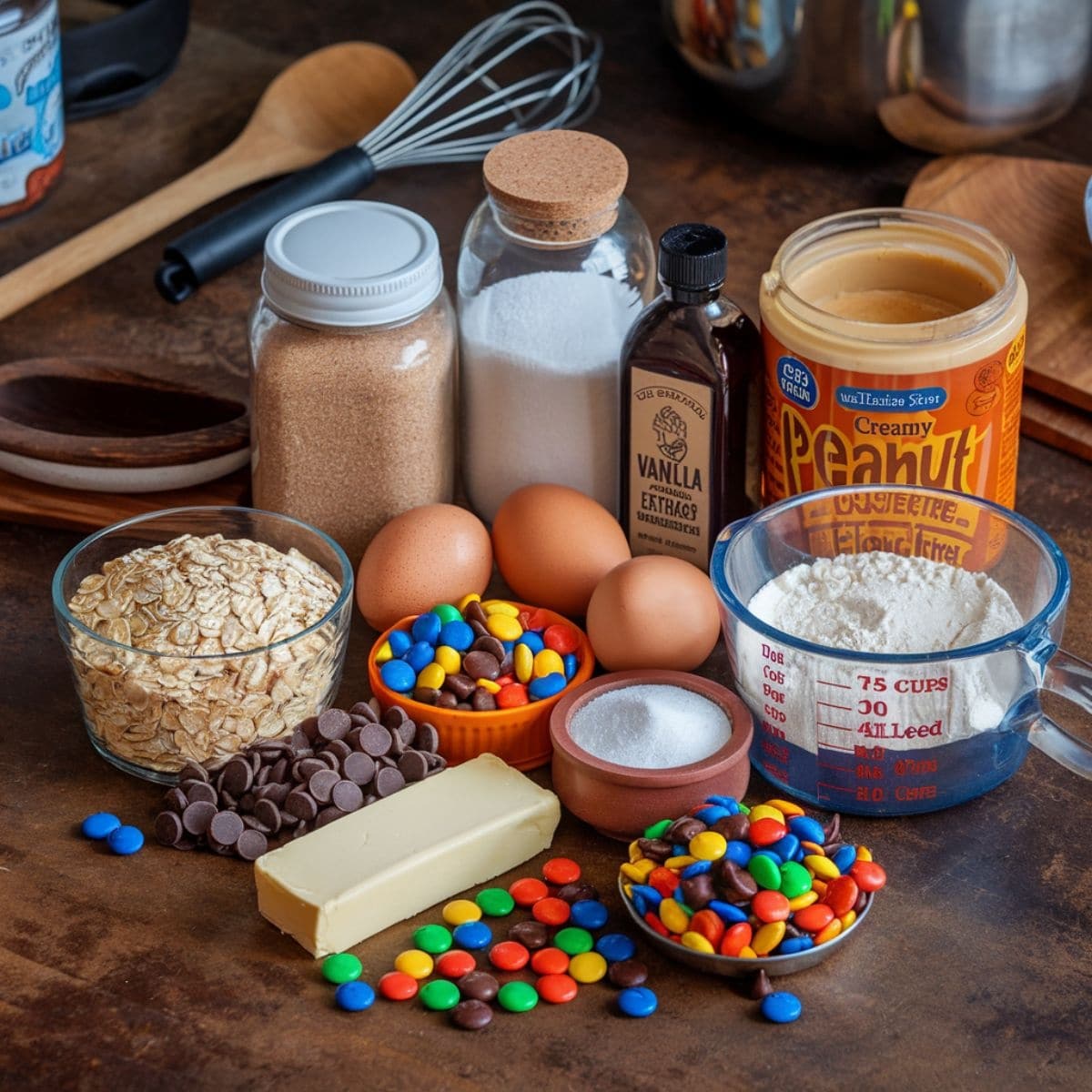 Monster Cookies Recipe – A beautifully arranged set of ingredients including peanut butter, oats, chocolate chips, M&Ms, vanilla extract, eggs, and flour, ready to create a batch of chewy and colorful monster cookies.