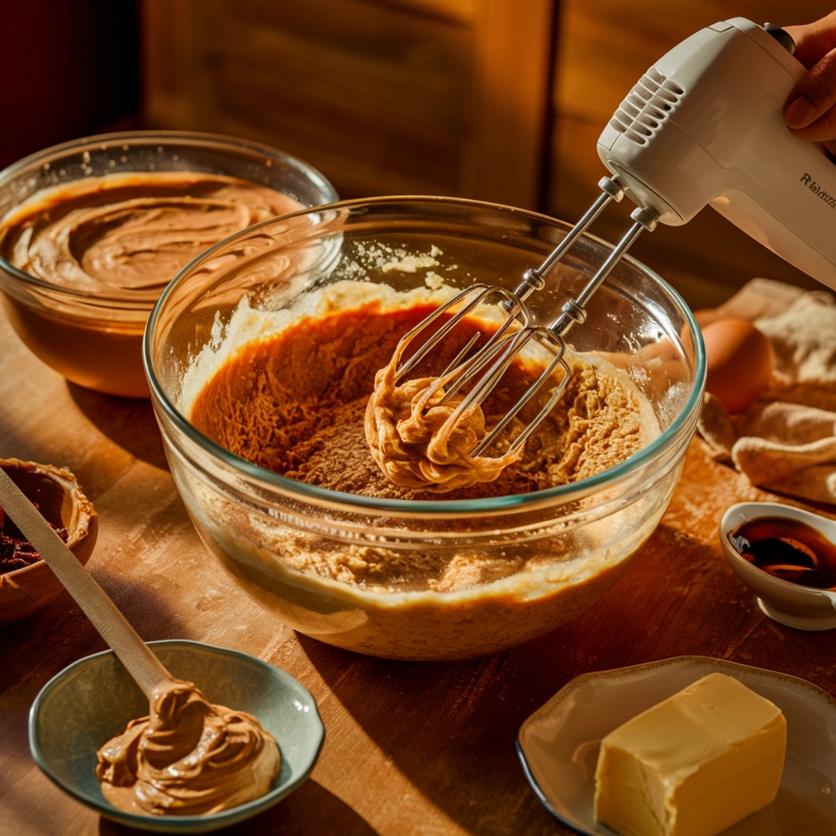 Monster Cookies Recipe – Mixing creamy peanut butter, butter, sugar, and vanilla extract to create a rich and smooth cookie dough base for deliciously chewy monster cookies.