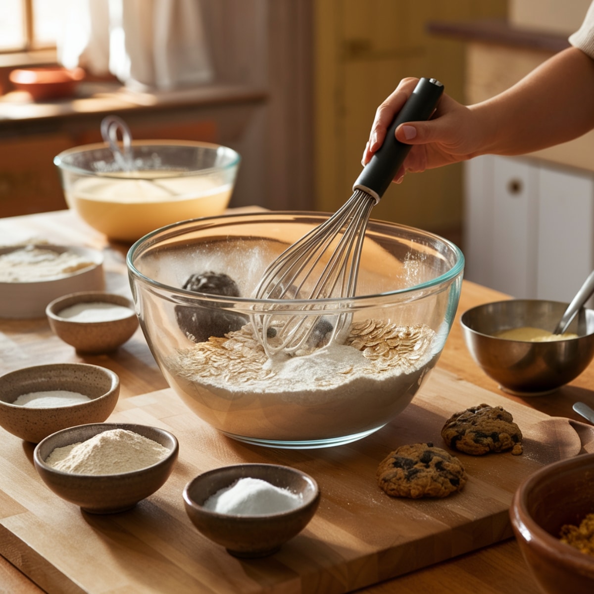 Monster Cookies Recipe – Whisking together oats, flour, baking soda, and salt to create the perfect dry ingredient mix for soft and chewy monster cookies.