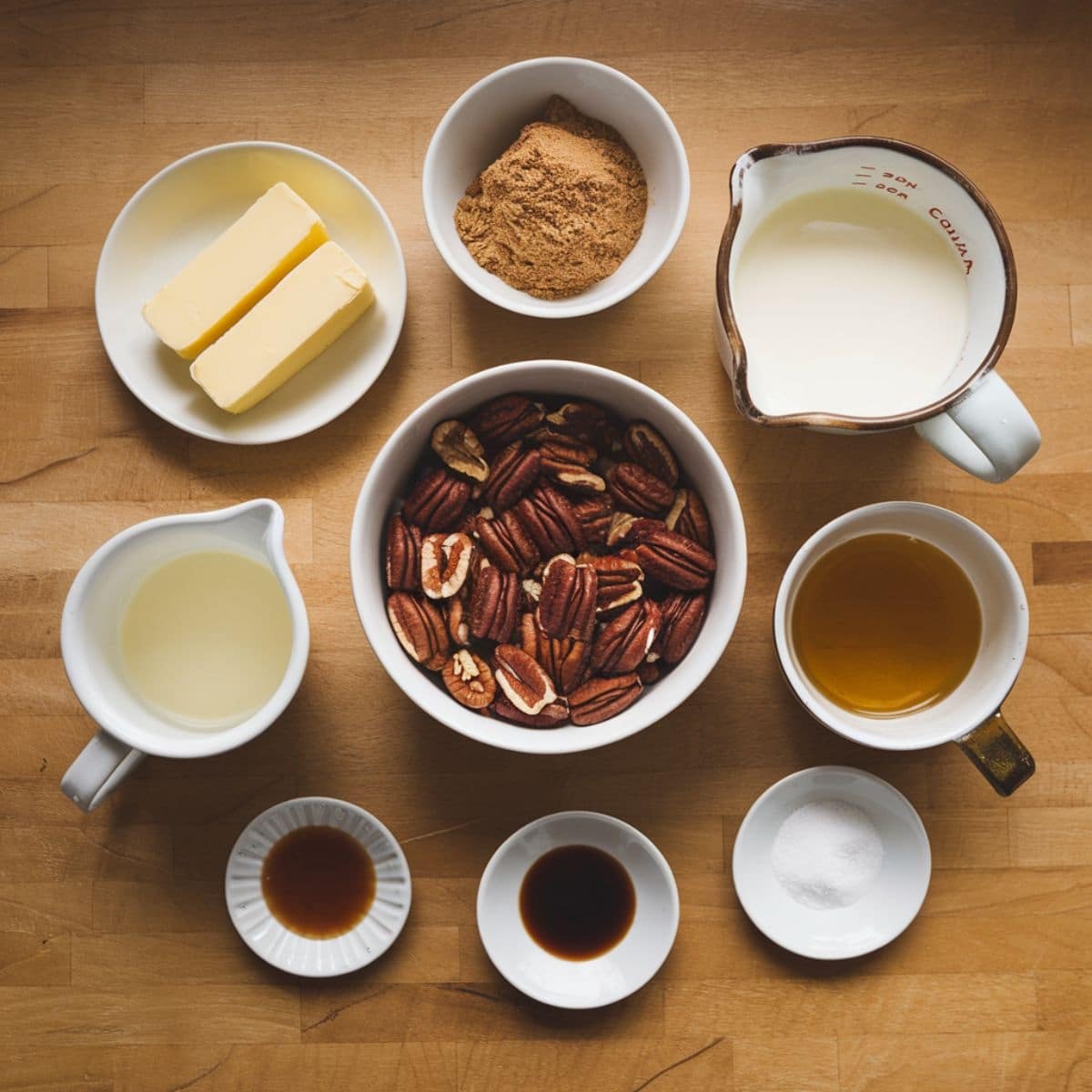 Top-down view of ingredients for a Pecan Pie Cheesecake Recipe, including pecans, butter, brown sugar, heavy cream, vanilla extract, and maple syrup, all arranged on a wooden surface. The perfect combination for a rich and indulgent dessert