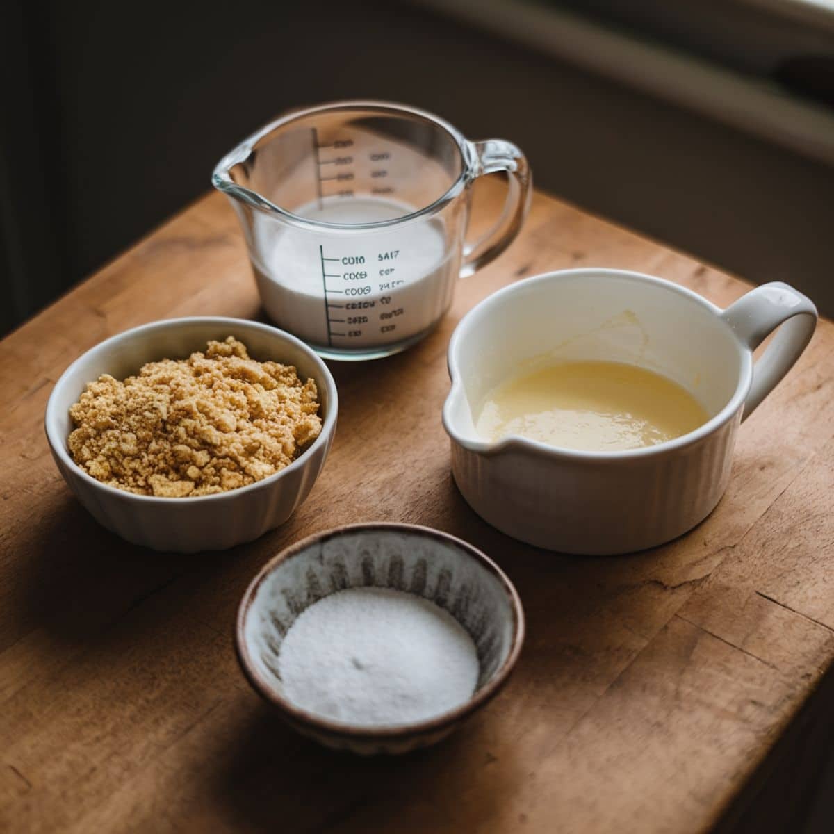 Essential ingredients for the graham cracker crust in a Pecan Pie Cheesecake Recipe, including crushed graham crackers, melted butter, sugar, and cream, arranged on a wooden surface. A buttery and flavorful base for a rich cheesecake dessert.