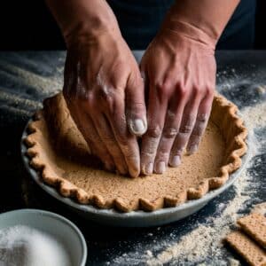 Hands pressing a homemade graham cracker crust into a pie dish, preparing the base for a Pecan Pie Cheesecake Recipe. The crust is made by mixing graham cracker crumbs, melted butter, sugar, and salt, then firmly pressing it into the pan before baking at 325°F for 10 minutes.
