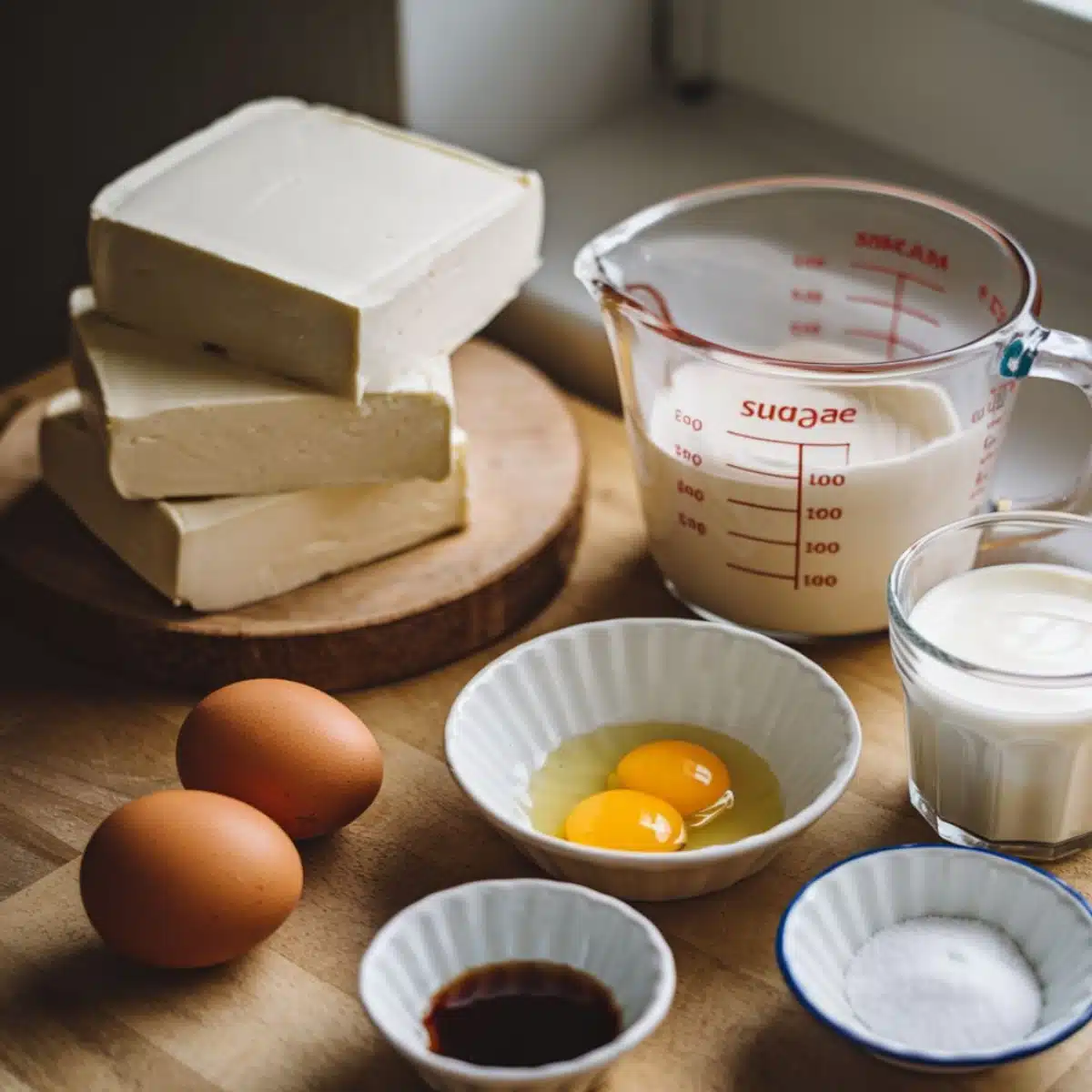 Key ingredients for the cheesecake base in a Pecan Pie Cheesecake Recipe, including cream cheese blocks, eggs, vanilla extract, sugar, heavy cream, and sour cream, arranged on a wooden surface. A rich and creamy foundation for a decadent dessert.