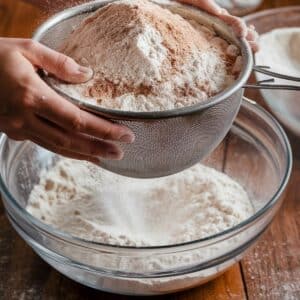 Hands sifting powdered sugar and cocoa powder into a glass mixing bowl, an essential step in making a smooth and creamy Brownie Frosting Recipe. The fine ingredients fall gently, ensuring a lump-free, velvety texture for the perfect homemade chocolate frosting.