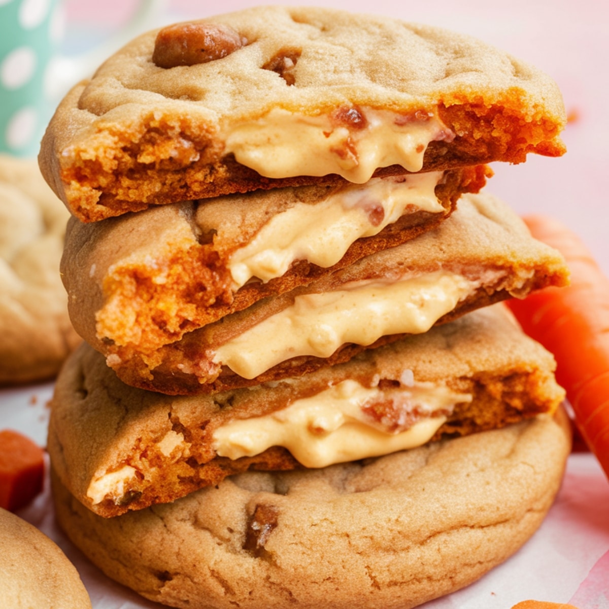 A stack of soft and chewy carrot cake cookies filled with a rich, creamy cheese filling. These delicious cookies are packed with warm spices, shredded carrots, and nuts, making them the perfect twist on a classic Carrot Cake Cookies Recipe for a sweet and indulgent treat.