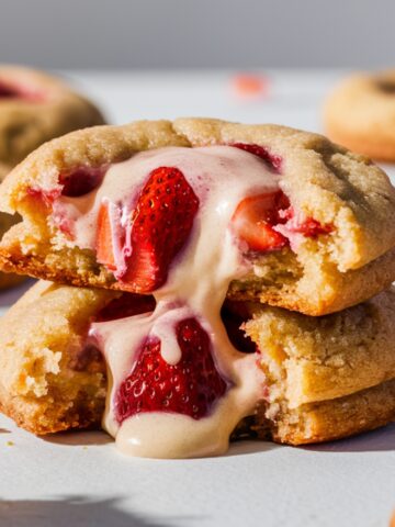 A stack of Strawberry Cheesecake Cookies with fresh strawberry slices and creamy cheesecake filling oozing out. The golden-brown cookies are broken in half, revealing their rich and gooey texture. A drizzle of sweet sauce cascades down the stack, making these homemade dessert cookies look irresistibly indulgent. Perfect for a fruity and creamy sweet treat!