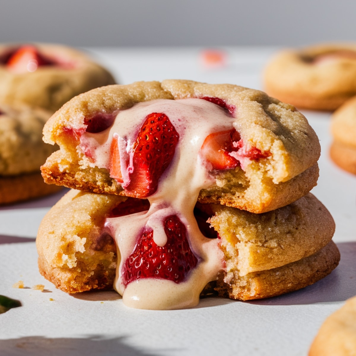 A stack of Strawberry Cheesecake Cookies with fresh strawberry slices and creamy cheesecake filling oozing out. The golden-brown cookies are broken in half, revealing their rich and gooey texture. A drizzle of sweet sauce cascades down the stack, making these homemade dessert cookies look irresistibly indulgent. Perfect for a fruity and creamy sweet treat!