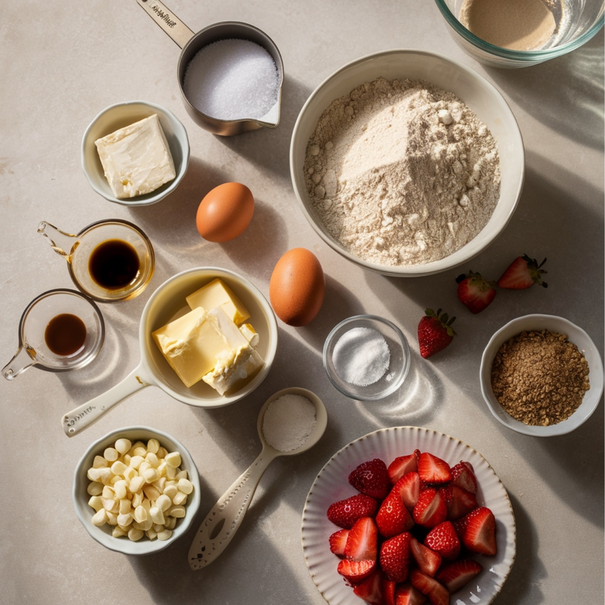 Flat lay of fresh ingredients for Strawberry Cheesecake Cookies, including sliced strawberries, white chocolate chips, butter, cream cheese, eggs, flour, sugar, vanilla extract, and brown sugar. The neatly arranged baking essentials on a light-colored surface highlight the key components of this delicious homemade cookie recipe.