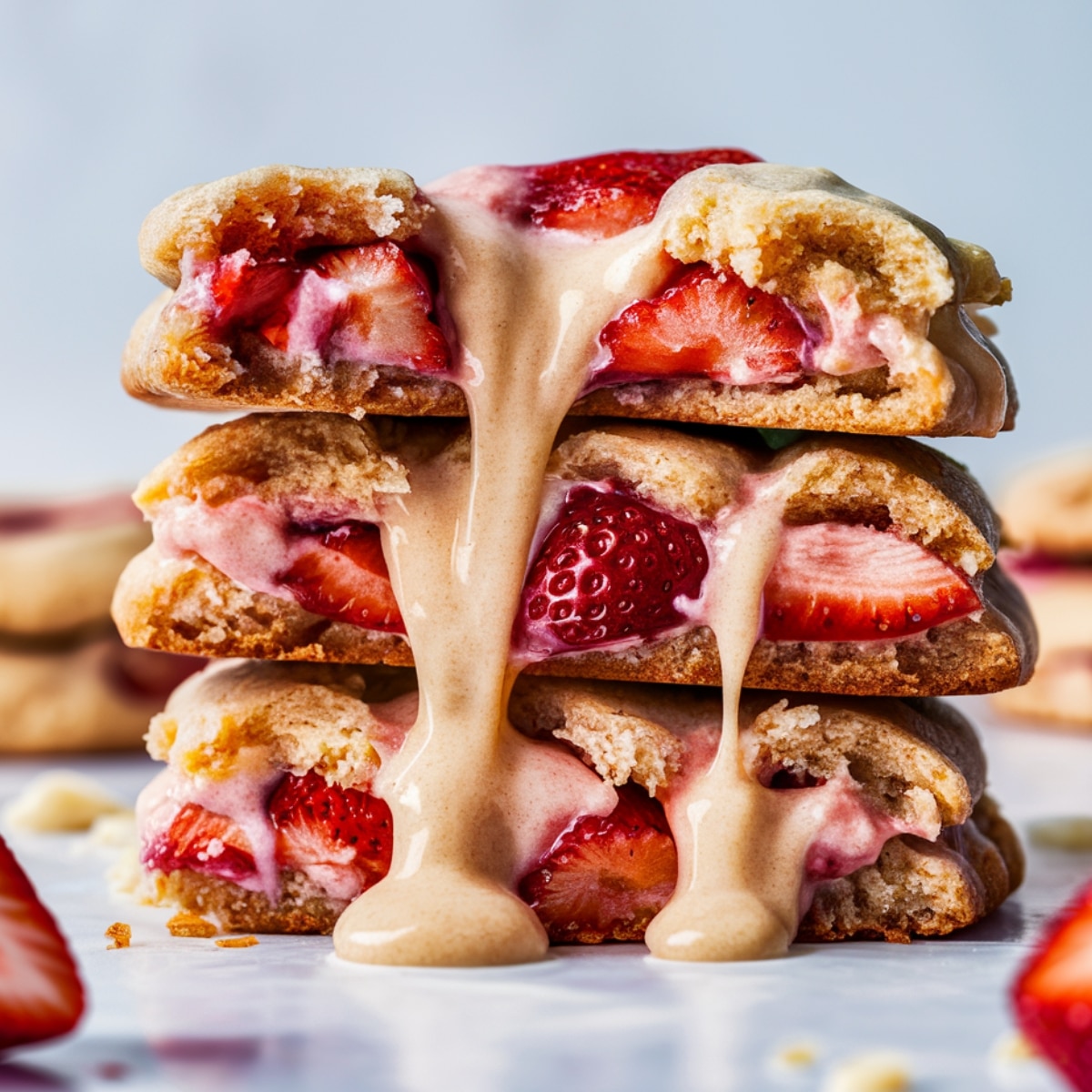 A stack of Strawberry Cheesecake Cookies with fresh strawberry slices and creamy cheesecake filling oozing out. The golden-brown cookies are broken in half, revealing their rich and gooey texture. A drizzle of sweet sauce cascades down the stack, making these homemade dessert cookies look irresistibly indulgent. Perfect for a fruity and creamy sweet treat!