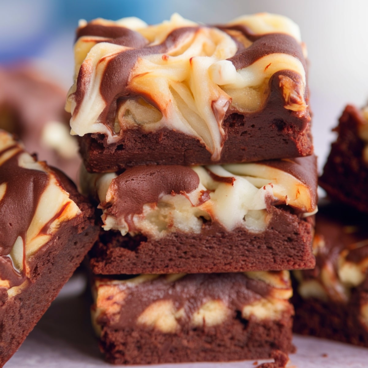 A close-up of Cream Cheese Brownies Recipe, featuring a rich, fudgy chocolate base swirled with creamy cheesecake. These decadent brownies have a marbled top and a moist, chewy texture, making them the perfect dessert for chocolate and cheesecake lovers.