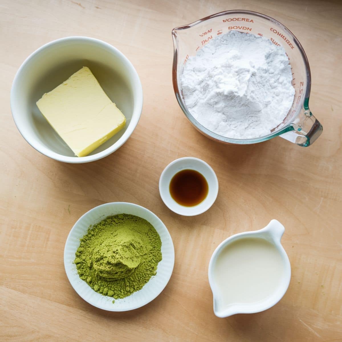 Vegan Matcha Cake Recipe – Key ingredients for a creamy matcha frosting, including vegan butter, powdered sugar, ceremonial-grade matcha powder, plant-based milk, and vanilla extract. A smooth and flavorful topping for a delicious green tea-infused cake.