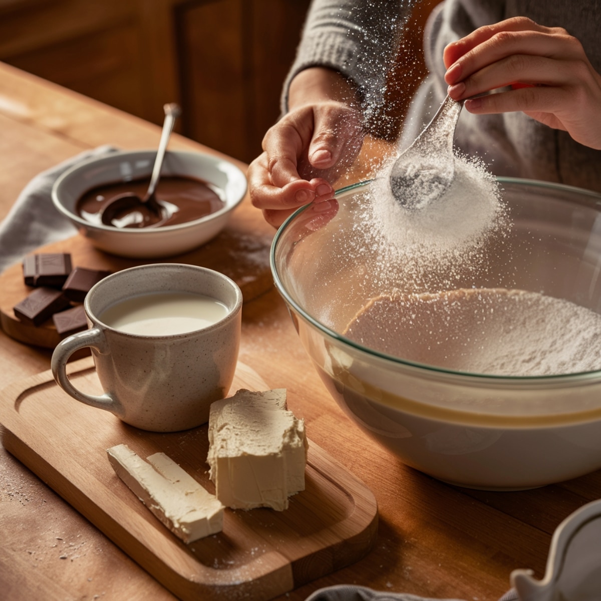 A cozy kitchen scene where powdered sugar is being sifted into a mixing bowl, preparing the perfect Brownie Frosting Recipe. Surrounding the bowl are essential ingredients like butter, milk, melted chocolate, and cocoa powder, beautifully arranged on a wooden surface. The warm lighting highlights the rich textures, evoking the joy of homemade baking.