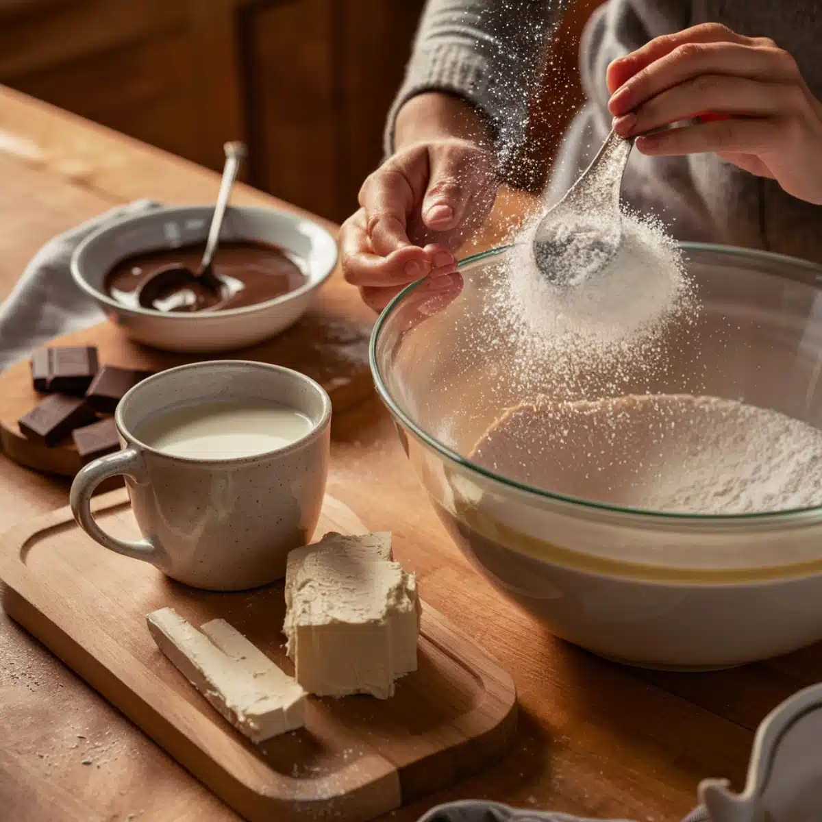 A cozy kitchen scene where powdered sugar is being sifted into a mixing bowl, preparing the perfect Brownie Frosting Recipe. Surrounding the bowl are essential ingredients like butter, milk, melted chocolate, and cocoa powder, beautifully arranged on a wooden surface. The warm lighting highlights the rich textures, evoking the joy of homemade baking.