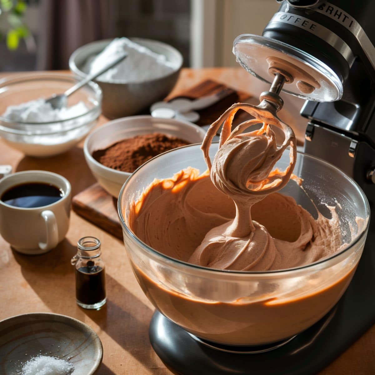 A stand mixer whipping up a smooth and creamy Chocolate Coffee Cake frosting in a glass mixing bowl. The rich coffee-infused chocolate frosting clings to the beater, showing its velvety texture. In the background, ingredients such as powdered sugar, cocoa powder, a cup of brewed coffee, vanilla extract, and a pinch dish of salt are neatly arranged on a rustic wooden countertop. Natural sunlight streams in, highlighting the warm and inviting baking scene.