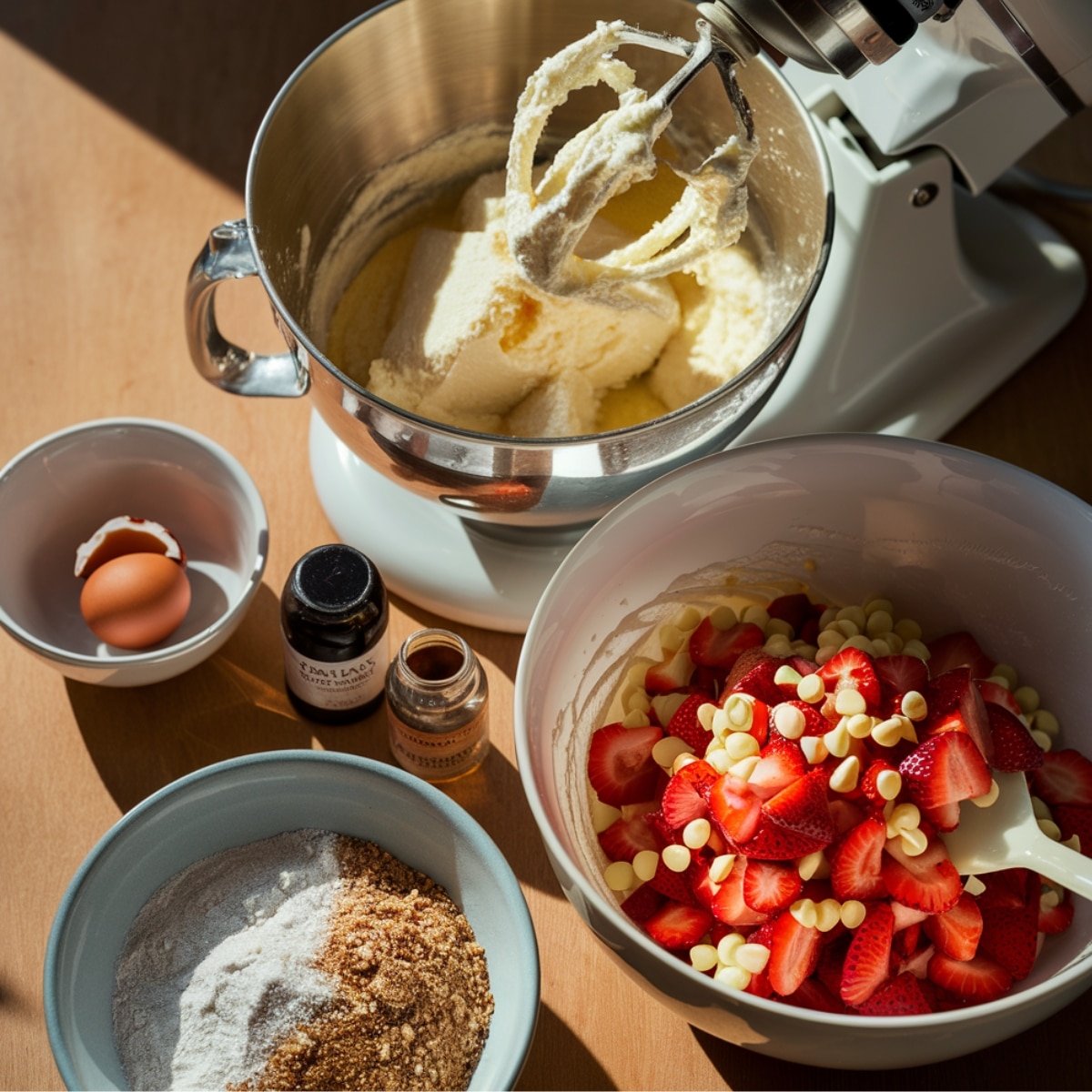 Mixing ingredients for Strawberry Cheesecake Cookies in a stand mixer, with a bowl of fresh sliced strawberries and white chocolate chips ready to be folded into the dough. A cracked egg, vanilla extract, and dry ingredients are arranged on a wooden surface, capturing the homemade baking process for these delicious, creamy-filled cookies.