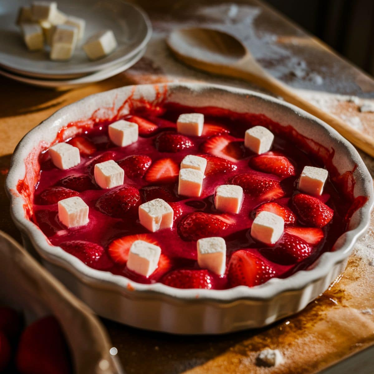 A pie dish with strawberry filling and cream cheese cubes, prepped for Strawberry Cheesecake Dump Cake, with a rustic, homemade feel.