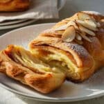 A close-up of a golden-brown almond pastry with flaky, buttery layers and a caramelized filling peeking through the folds. The pastry is topped with thinly sliced almonds and lightly dusted with powdered sugar. One piece is slightly torn apart, revealing its soft interior and glossy filling.