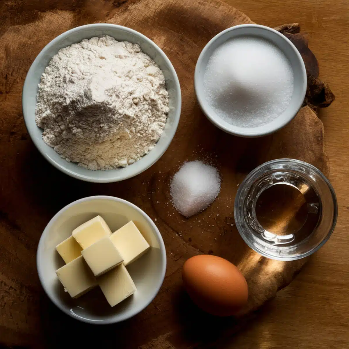 Ingredients for homemade almond pastry arranged on a rustic wooden surface, including bowls of flour, granulated sugar, fresh butter cubes, a pinch of salt, one brown egg, and a small glass of water, beautifully lit in natural sunlight.