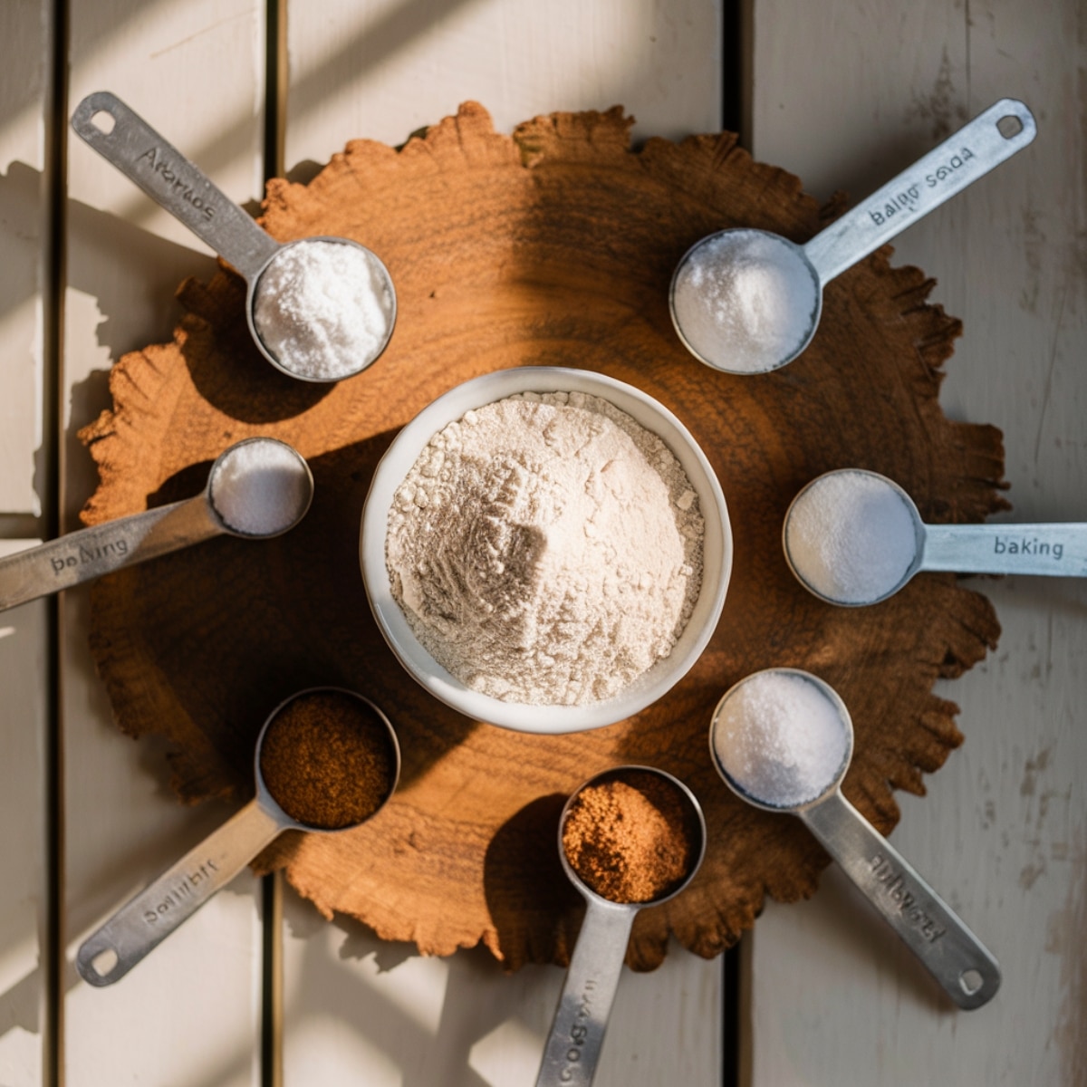 Top-down view of homemade applesauce muffin dry ingredients arranged on a rustic wooden board, including a central bowl of flour surrounded by metal measuring spoons filled with cinnamon, nutmeg, baking soda, baking powder, salt, and other spices, all set on a white wooden surface with warm sunlight casting soft, natural shadows.