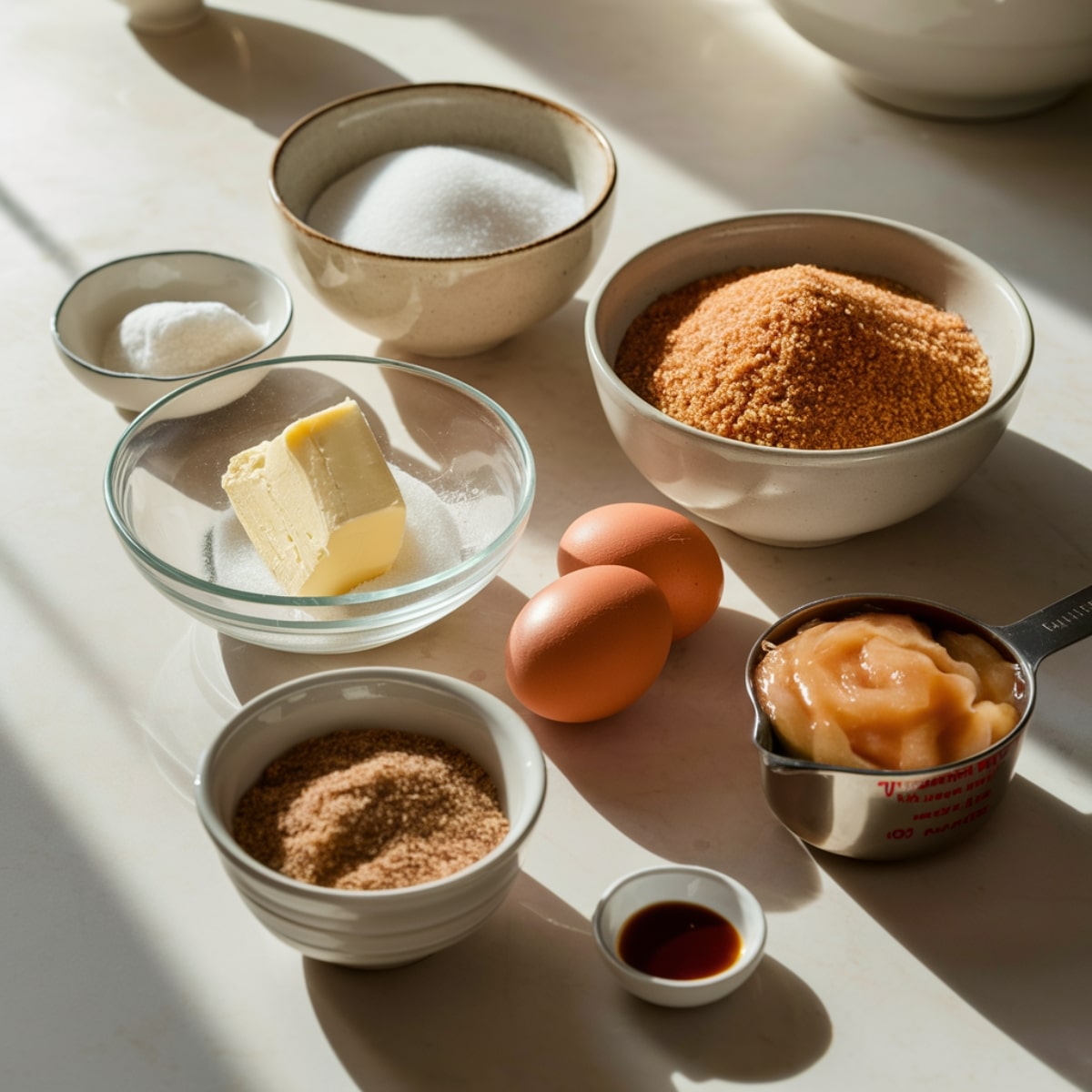 Natural light photo of ingredients for homemade applesauce muffins, including brown sugar, white sugar, two eggs, a stick of butter in a glass bowl, unsweetened applesauce in a measuring cup, vanilla extract, cinnamon sugar, salt, and baking powder, all arranged neatly on a clean kitchen countertop with soft shadows and a cozy morning feel.