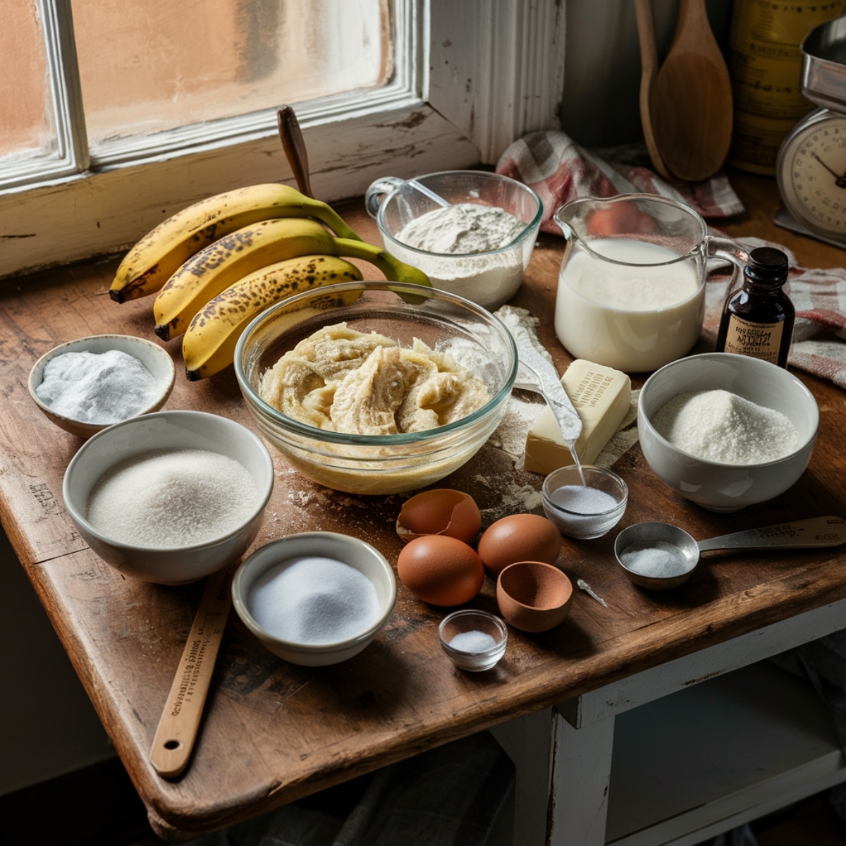 Homemade banana pudding cake ingredients on a rustic wooden table, including ripe bananas, mashed banana in a bowl, flour, sugar, eggs, butter, milk, and vanilla. Light mess and cozy kitchen feel.