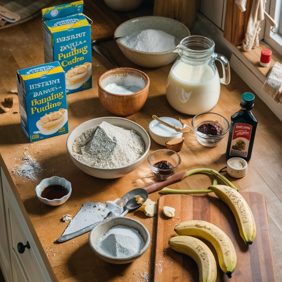Banana pudding cake ingredients on a wooden countertop in a cozy kitchen, including instant vanilla pudding mix boxes, ripe bananas, milk, vanilla extract, sugar, flour, and small bowls of mix-ins. A bit of flour and powdered sugar is spilled, adding to the homemade, relaxed vibe.
